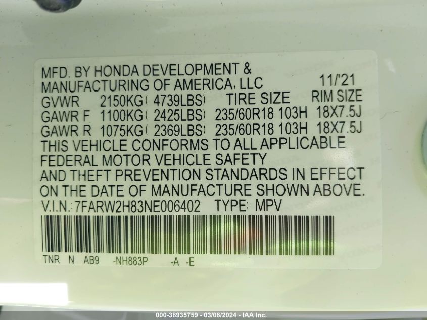 2022 Honda Cr-V Exl VIN: 7FARW2H83NE006402 Lot: 49133474