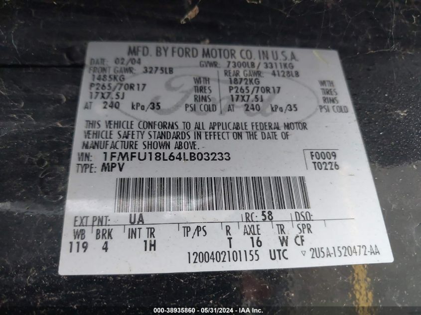 2004 Ford Expedition Eddie Bauer VIN: 1FMFU18L64LB03233 Lot: 38935860