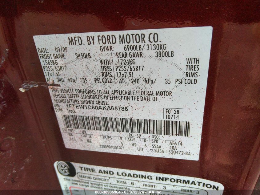 2010 Ford F-150 Xlt VIN: 1FTEW1C80AKA65786 Lot: 38935964
