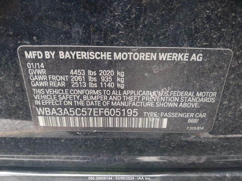 2014 BMW 328I VIN: WBA3A5C57EF605195 Lot: 38936144