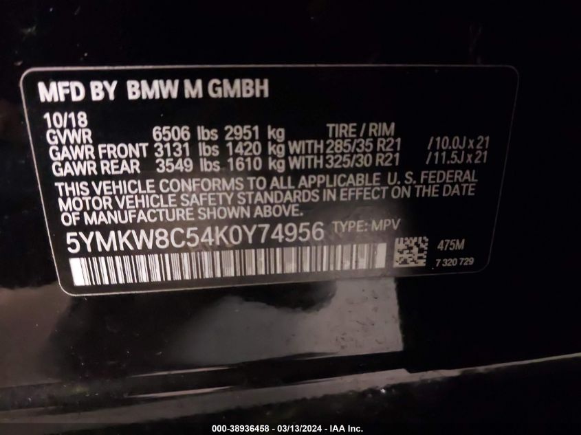 VIN 5YMKW8C54K0Y74956 2019 BMW X6, X6 M no.9