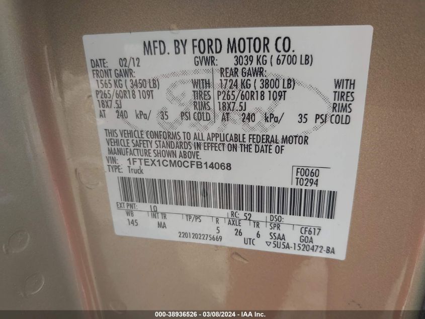 2012 Ford F-150 Xlt VIN: 1FTEX1CM0CFB14068 Lot: 38936526