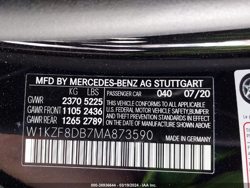 2021 Mercedes-Benz E 350 VIN: W1KZF8DB7MA873590 Lot: 38936644