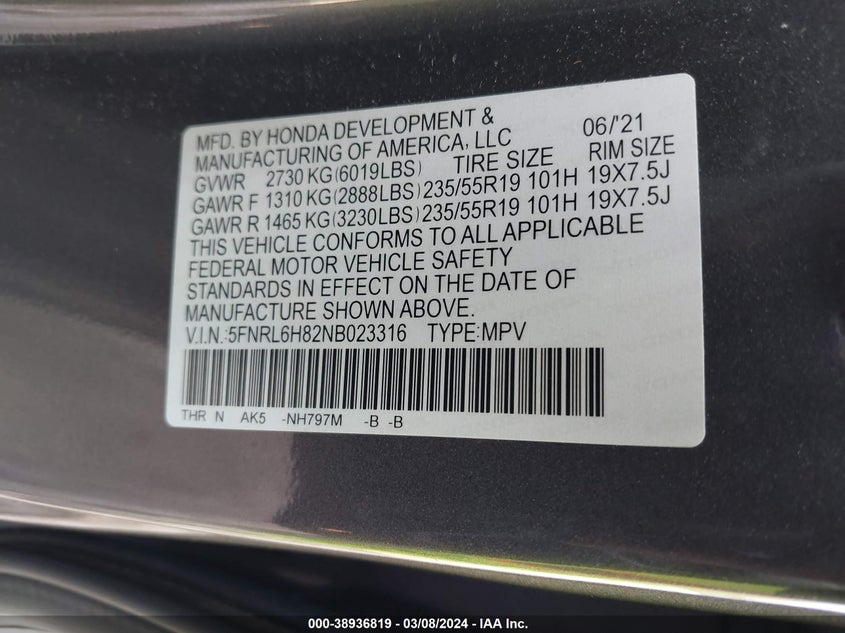 VIN 5FNRL6H82NB023316 2022 HONDA ODYSSEY TOURING