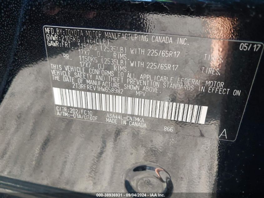 2017 Toyota Rav4 Xle VIN: 2T3RFREV1HW658982 Lot: 38936931