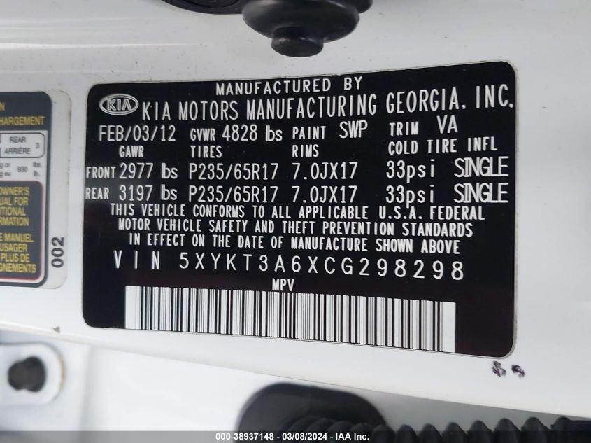 2012 Kia Sorento Lx VIN: 5XYKT3A6XCG298298 Lot: 38937148