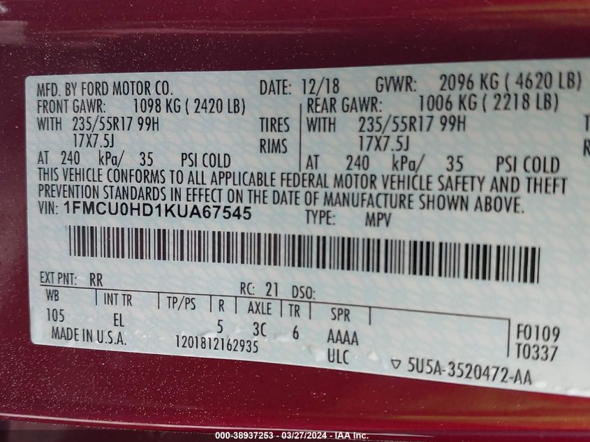 1FMCU0HD1KUA67545 2019 Ford Escape Sel