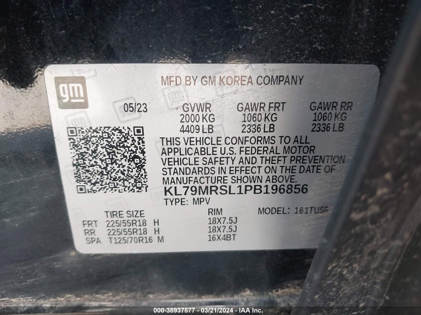 VIN KL79MRSL1PB196856 2023 CHEVROLET TRAILBLAZER AWD LT