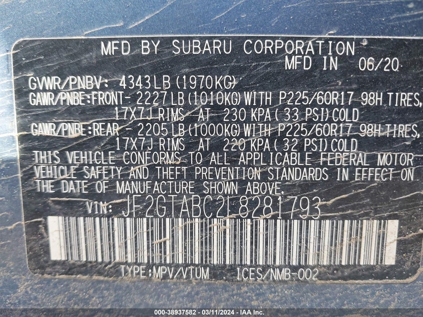VIN JF2GTABC2L8281793 2020 SUBARU CROSSTREK