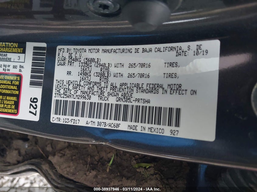 VIN 3TMCZ5AN7LM299630 2020 TOYOTA TACOMA DOUBLE CAB/SR/SR5/TRD SPO