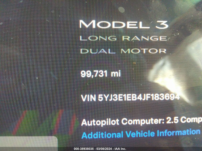 2018 Tesla Model 3 Long Range/Performance VIN: 5YJ3E1EB4JF183694 Lot: 38938035