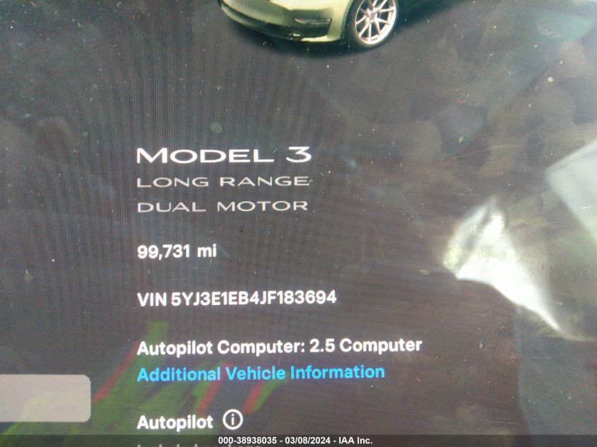 2018 Tesla Model 3 Long Range/Performance VIN: 5YJ3E1EB4JF183694 Lot: 38938035