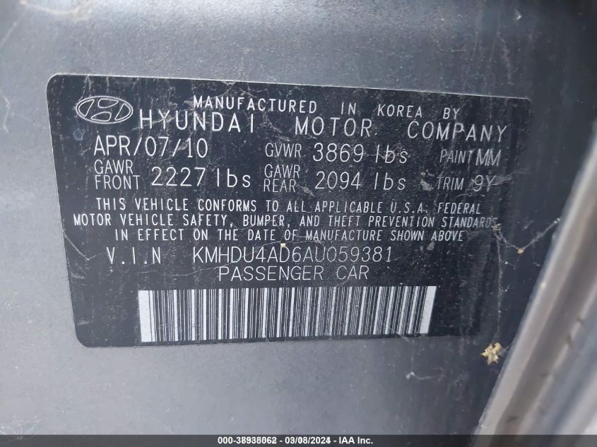 2010 Hyundai Elantra Gls VIN: KMHDU4AD6AU059381 Lot: 38938062