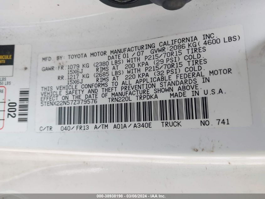 2007 Toyota Tacoma VIN: 5TENX22N57Z379576 Lot: 38938198