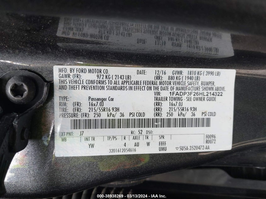 VIN 1FADP3F26HL214322 2017 FORD FOCUS SE