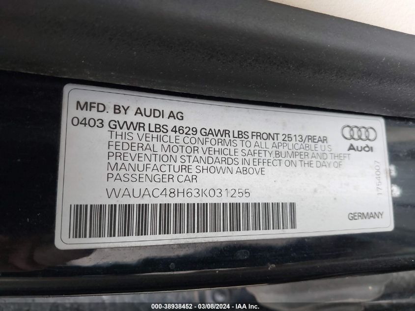 2003 Audi A4 1.8T VIN: WAUAC48H63K031255 Lot: 38938452