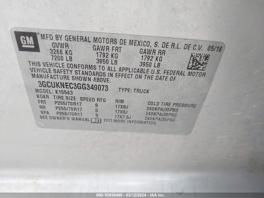 2016 CHEVROLET SILVERADO 1500 WT - 3GCUKNEC3GG349073