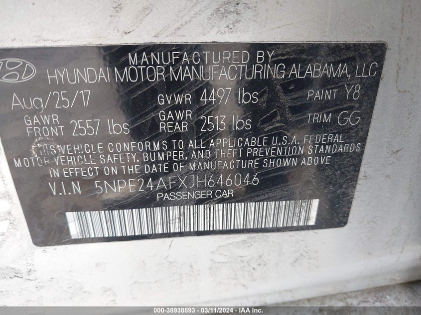 VIN 5NPE24AFXJH646046 2018 HYUNDAI SONATA SE