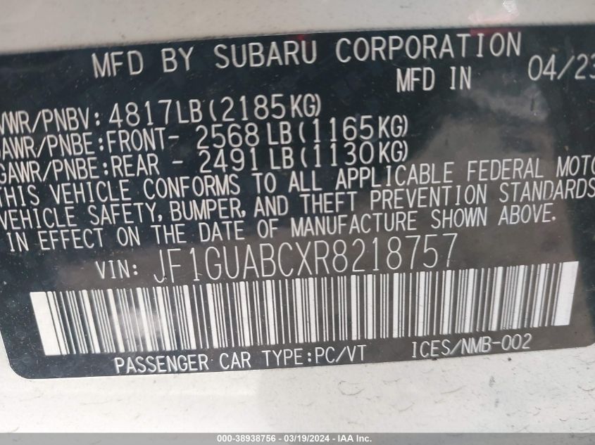 2024 Subaru Impreza Base 5-Door VIN: JF1GUABCXR8218757 Lot: 38938756