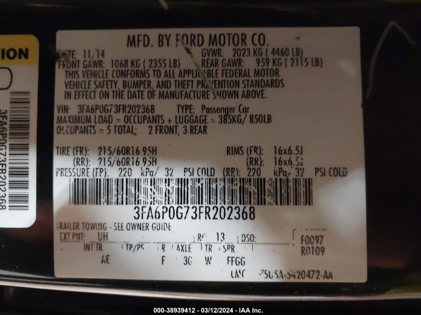 2015 Ford Fusion S VIN: 3FA6P0G73FR202368 Lot: 38939412