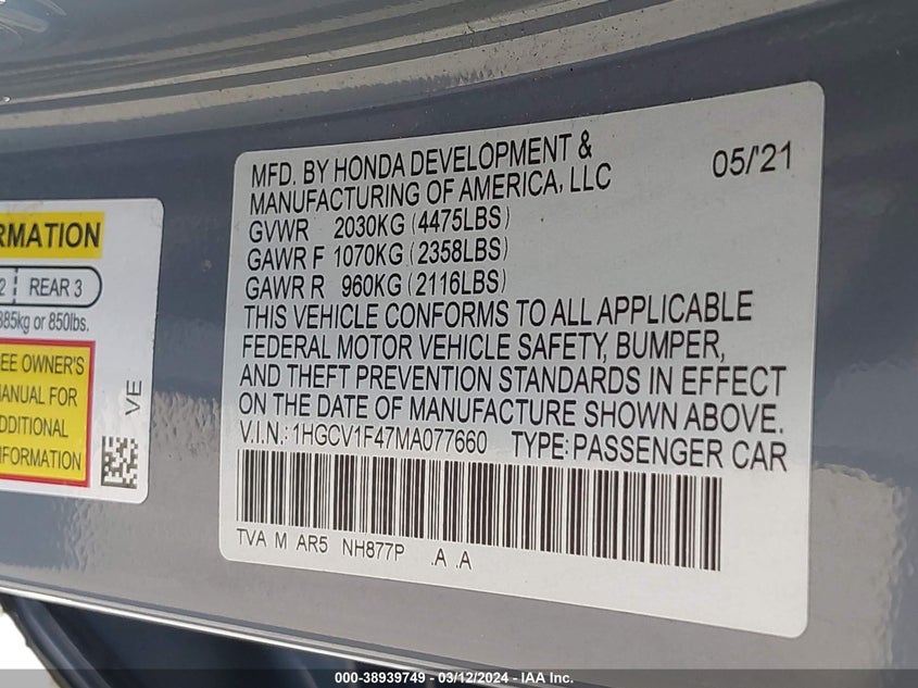 2021 HONDA ACCORD SPORT SE 1HGCV1F47MA077660