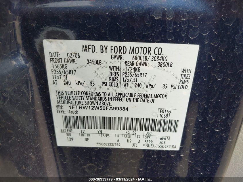 2006 FORD F-150 VIN: 1FTRW12W56FA99384