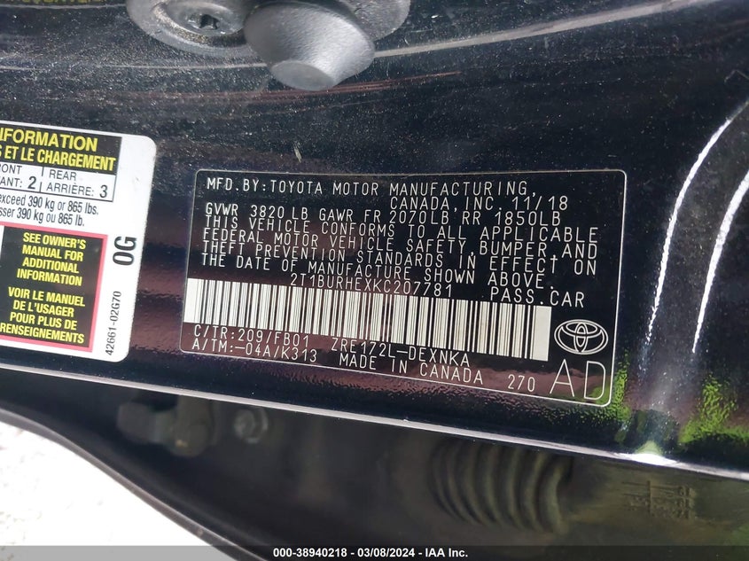 VIN 2T1BURHEXKC207781 2019 TOYOTA COROLLA LE