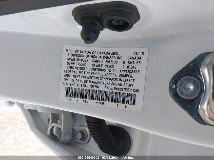 2018 Honda Civic Si VIN: 2HGFC1E59JH706782 Lot: 39567355