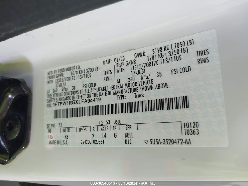 VIN 1FTFW1RGXLFA94419 2020 FORD F-150 RAPTOR