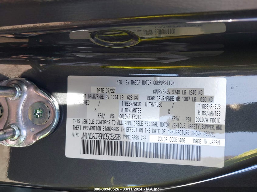 VIN JM1NDAD79N0505226 2022 MAZDA MX-5 MIATA GRAND TOURING