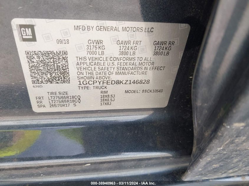 1GCPYFED8KZ146828 2019 Chevrolet Silverado 1500 Lt Trail Boss