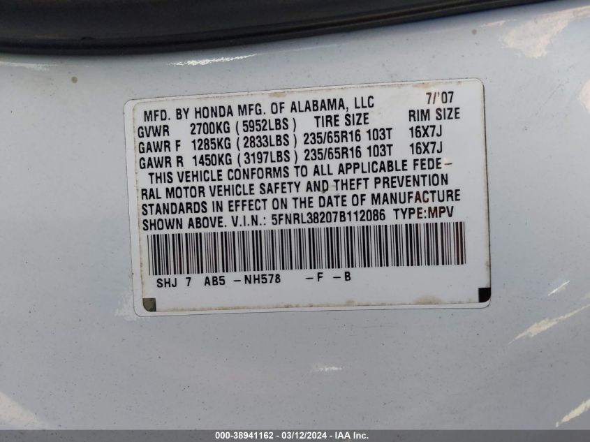 2009 Honda Odyssey Ex-L VIN: 5FNRL38669B016100 Lot: 38941162