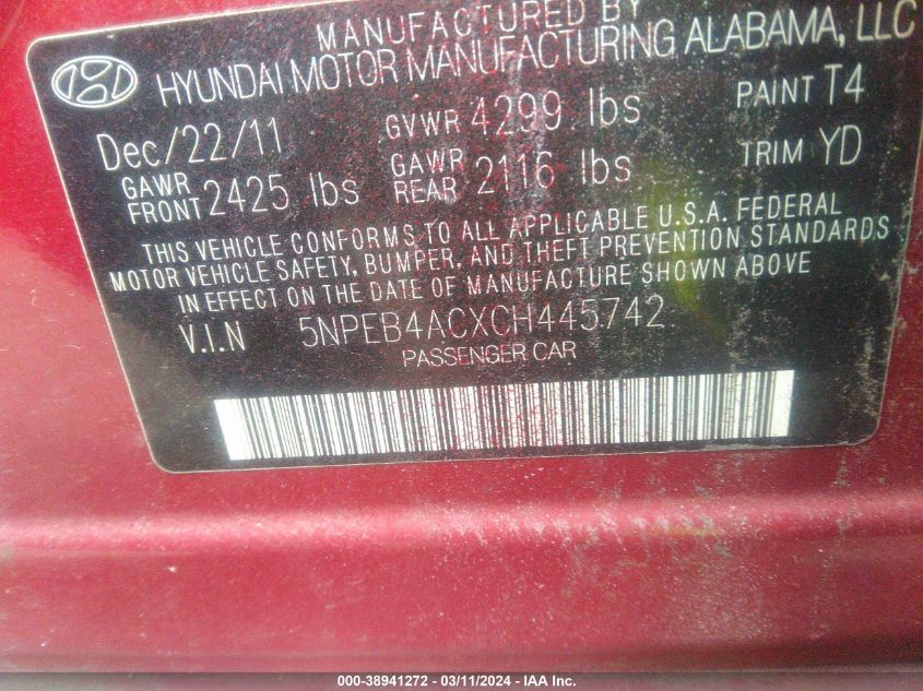 2012 Hyundai Sonata Gls VIN: 5NPEB4ACXCH445742 Lot: 38941272