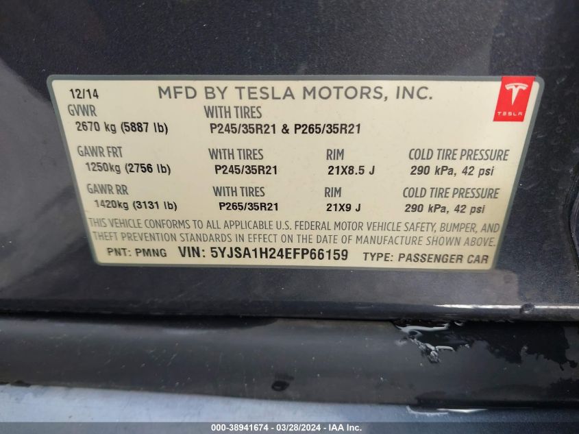 2014 Tesla Model S P85D VIN: 5YJSA1H24EFP66159 Lot: 38941674