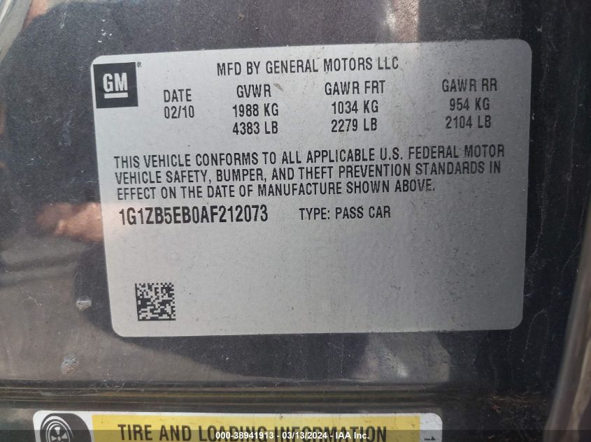 1G1ZB5EB0AF212073 | 2010 CHEVROLET MALIBU