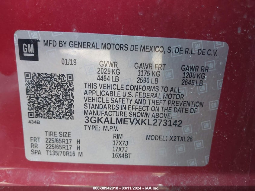 VIN 3GKALMEVXKL273142 2019 GMC TERRAIN SLE