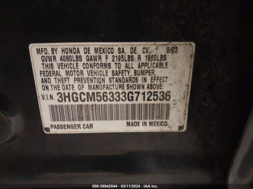 3HGCM56333G712536 | 2003 HONDA ACCORD