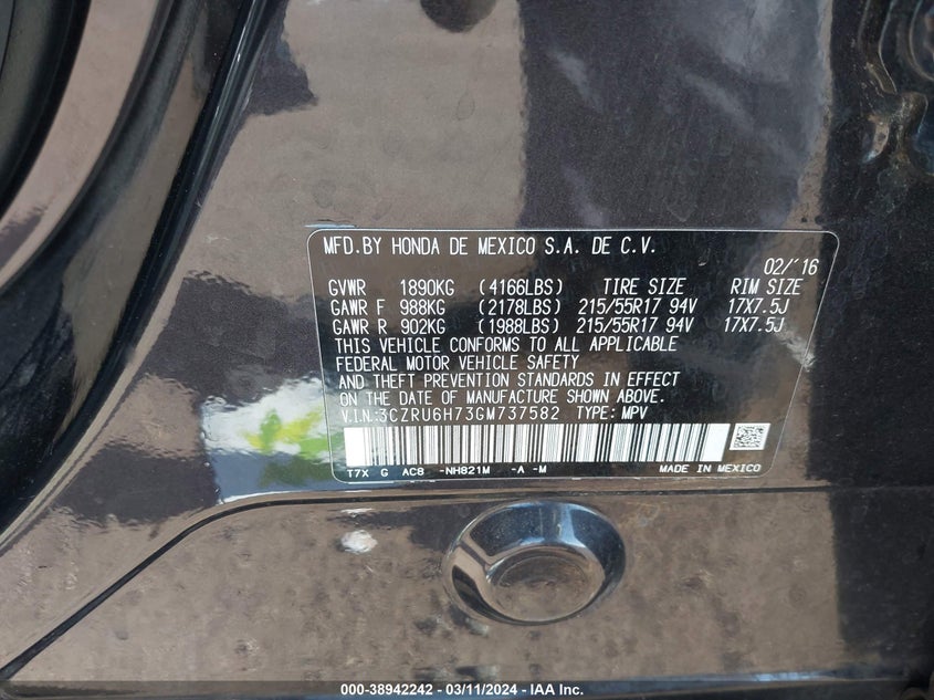 2016 HONDA HR-V EXL - 3CZRU6H73GM737582