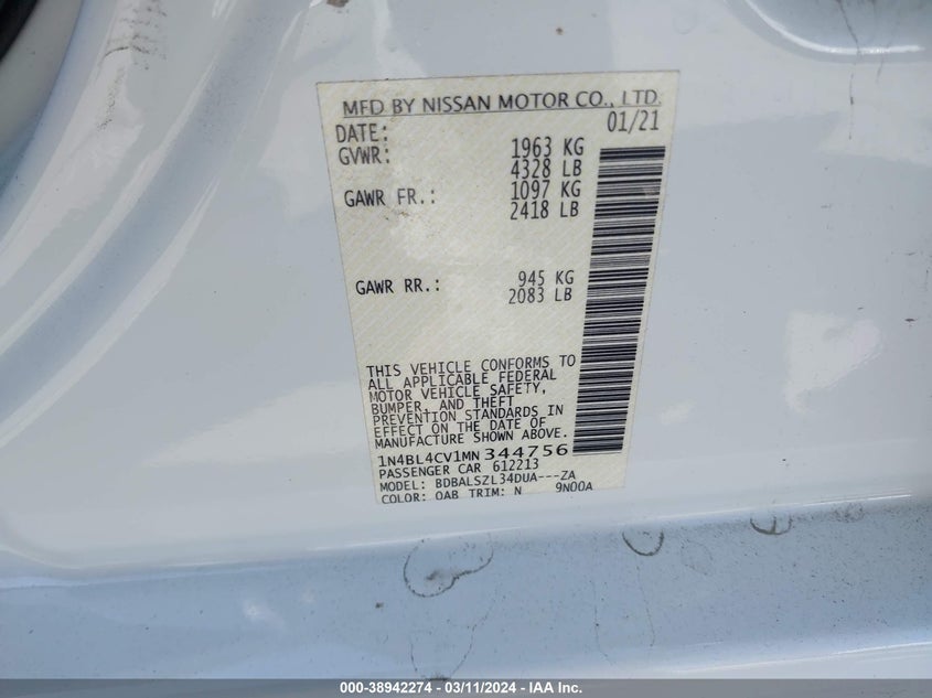VIN 1N4BL4CV1MN344756 2021 NISSAN ALTIMA SR FWD
