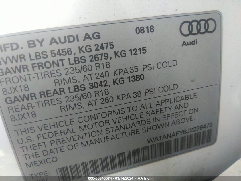 VIN WA1ANAFY8J2228479 2018 AUDI Q5 PREMIUM