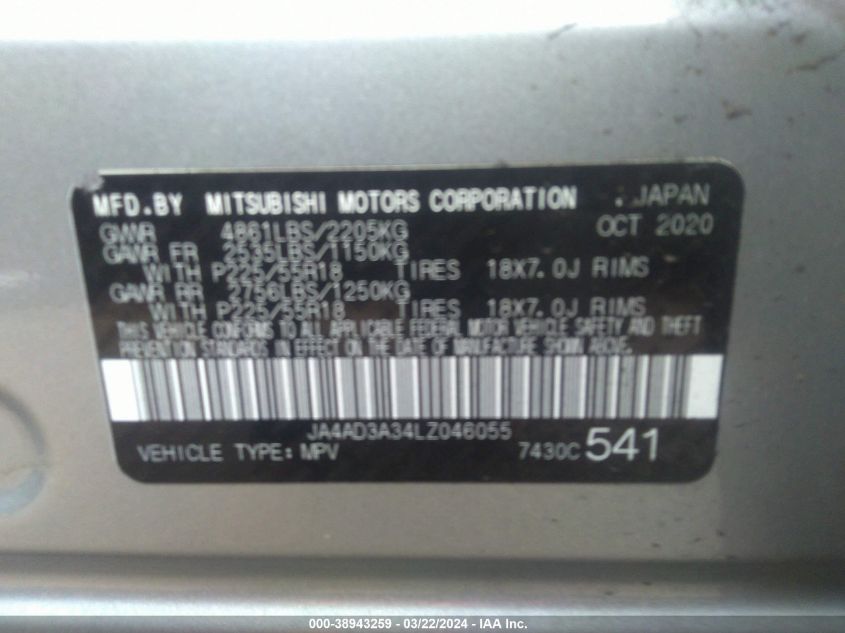 2020 Mitsubishi Outlander Sel 2.4 VIN: JA4AD3A34LZ046055 Lot: 38943259