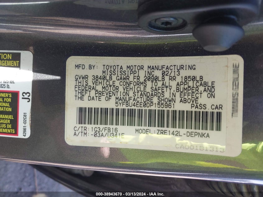 2013 TOYOTA COROLLA LE - 5YFBU4EE0DP155961