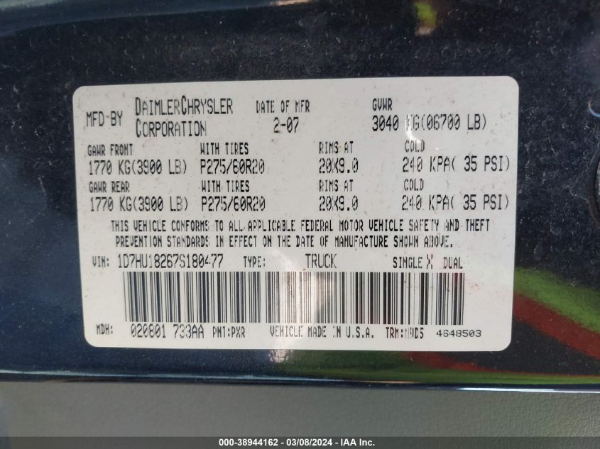 1D7HU18267S180477 2007 Dodge Ram 1500 Slt/Trx4 Off Road/Sport