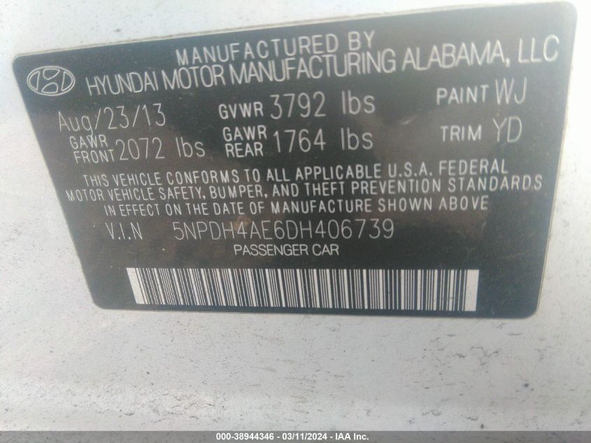 5NPDH4AE6DH406739 | 2013 HYUNDAI ELANTRA