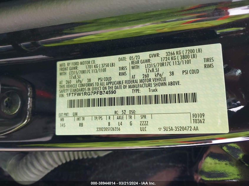 VIN 1FTFW1RG7PFB74590 2023 FORD F-150 RAPTOR