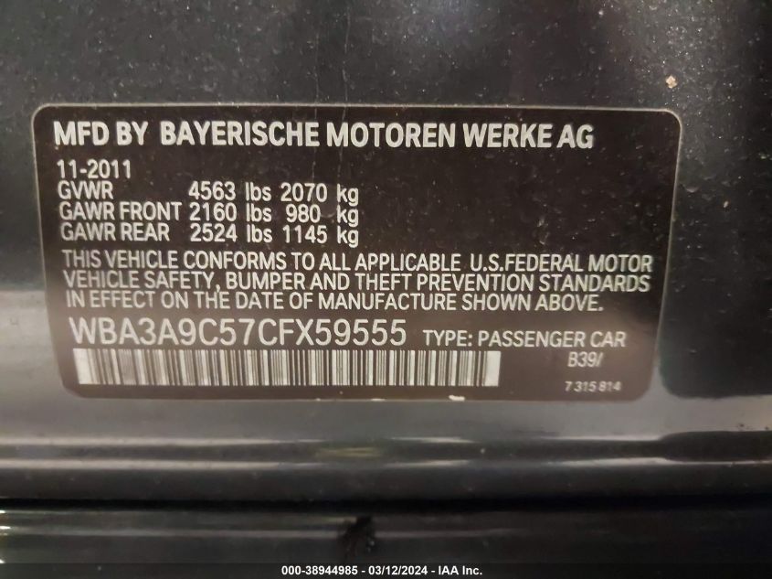 WBA3A9C57CFX59555 | 2012 BMW 335I