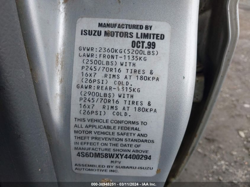 2000 Honda Passport Ex/Lx VIN: 4S6DM58WXY4400294 Lot: 38945251
