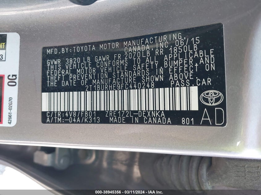 2015 TOYOTA COROLLA LE - 2T1BURHE9FC440248