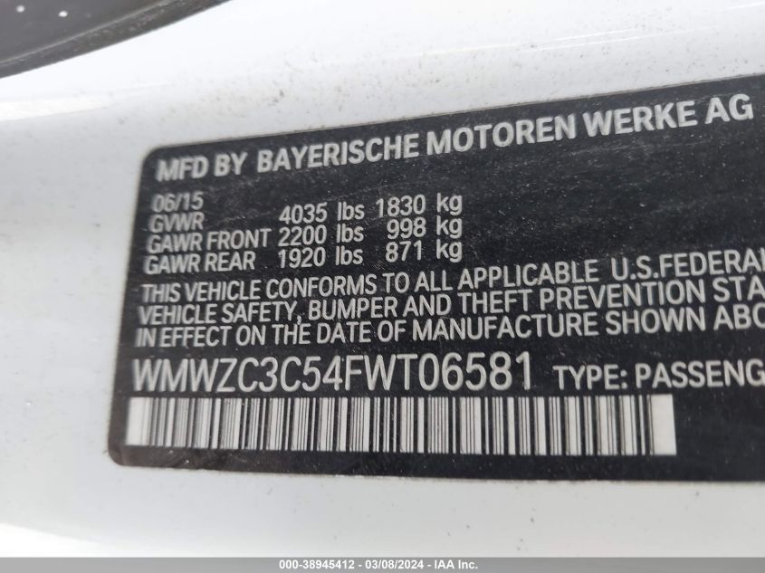 2015 Mini Countryman Cooper S VIN: WMWZC3C54FWT06581 Lot: 38945412