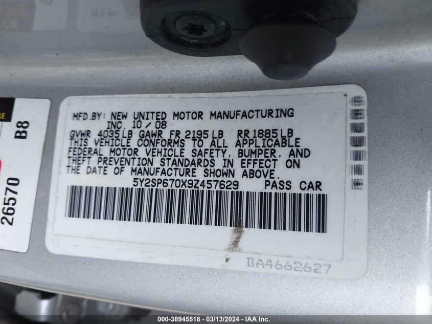 2009 Pontiac Vibe VIN: 5Y2SP670X9Z457629 Lot: 38945518